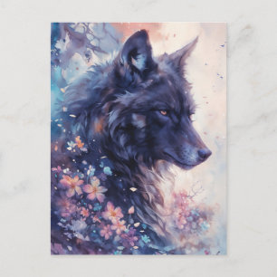 Carte Postale Loup Noir Mystique dans un Jardin Floral Rose