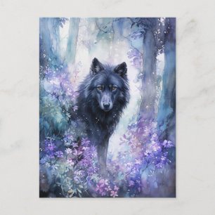 Carte Postale Loup noir mystique dans une forêt aquarelle pourpr