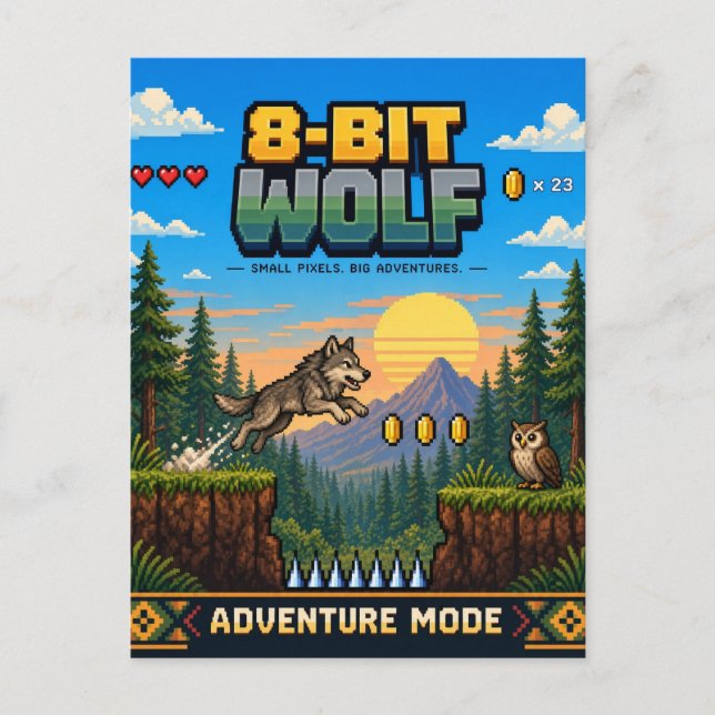 Carte Postale Loup, Rétro Pixel Art 8-Bit (Devant)