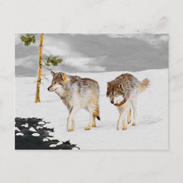 Carte Postale Loups en peinture sur neige - Art original de la f (Devant)