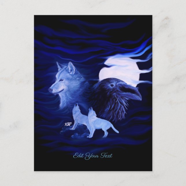 Carte Postale Loups et corbeau avec pleine lune (Devant)