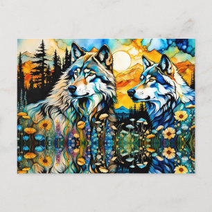 Carte Postale Loups gris et Fleurs sauvages