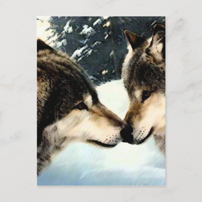 Carte Postale Loups Loup Neige hiver Neige Couple Amour (Devant)