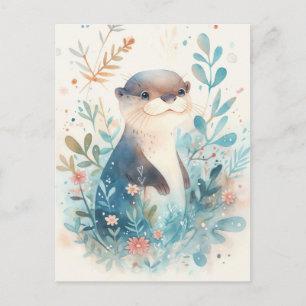 Carte Postale Loutre à l'aquarelle douce dans le jardin sarcelle