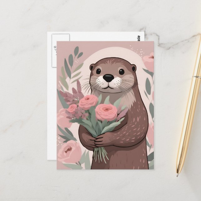 Carte Postale Loutre adorable avec des fleurs (Devant/Arrière en situation)