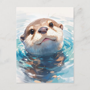 Carte Postale Loutre aquarelle curieuse dans l'eau bleue