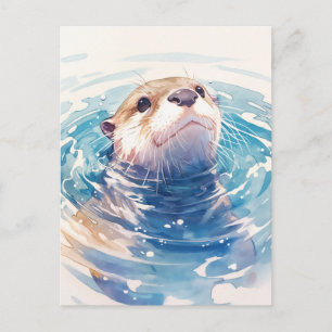 Carte Postale Loutre aquarelle curieuse dans l'eau bleue