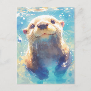 Carte Postale Loutre aquarelle heureuse nageant