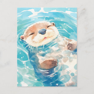 Carte Postale Loutre aquarelle mignonne flottant dans l'eau bleu