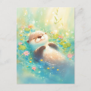 Carte Postale Loutre bienheureuse flottant dans un étang de lis 