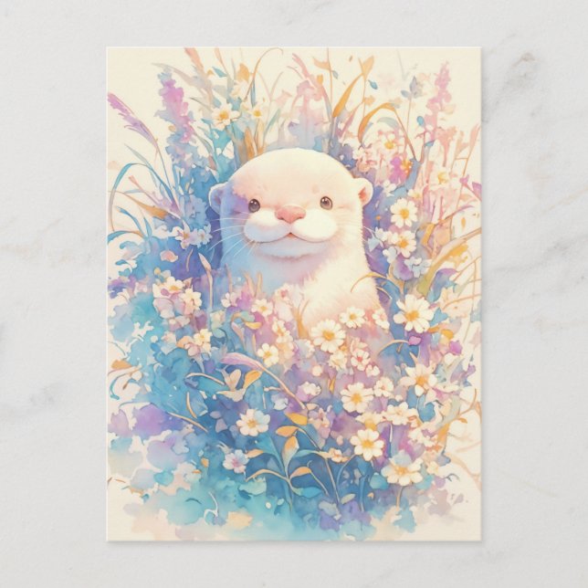Carte Postale Loutre blanche douce dans une prairie de fleurs sa (Devant)