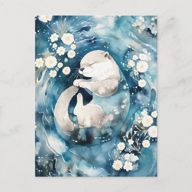 Carte Postale Loutre blanche endormie dans l'eau bleu profond (Devant)