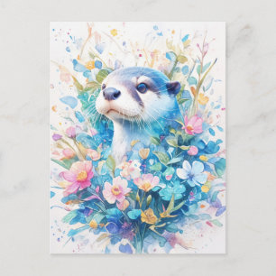 Carte Postale Loutre Bleue Majestueuse dans une Prairie Florale 