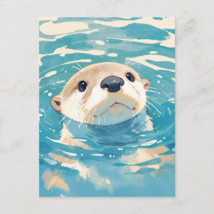 Carte Postale Loutre curieuse regardant de l'eau bleue