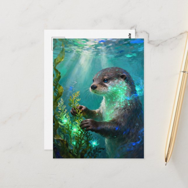 Carte Postale Loutre dans un jardin d'algues magiques (Devant/Arrière en situation)