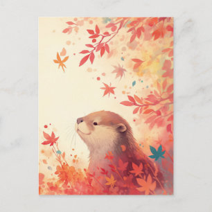 Carte Postale Loutre d'automne sous les feuilles d'érable rouge