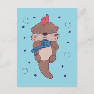 Carte Postale Loutre de mer punk rock avec poisson Art animal