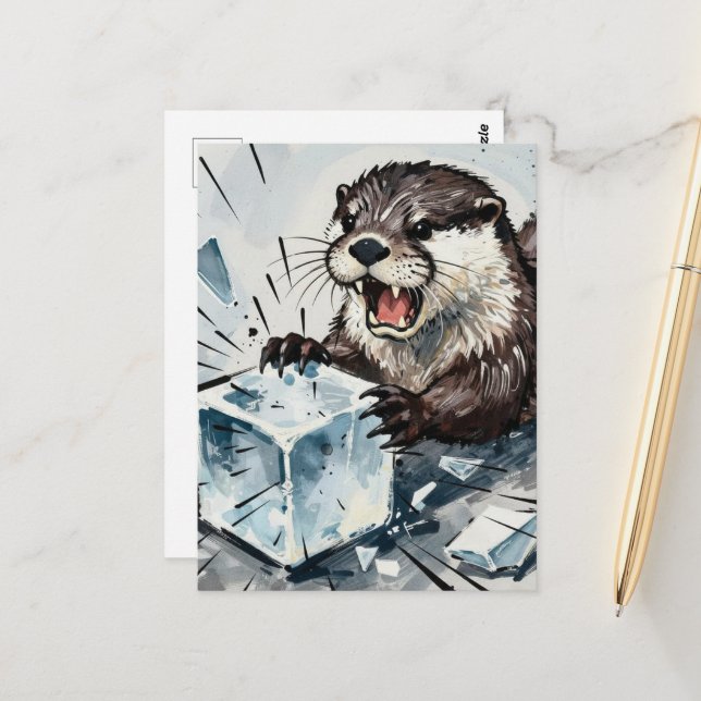 Carte Postale Loutre en colère brisant un bloc de glace  (Devant/Arrière en situation)