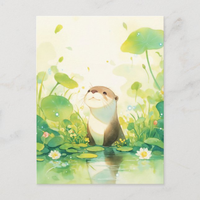 Carte Postale Loutre Fantaisiste dans l'étang de lys vert (Devant)