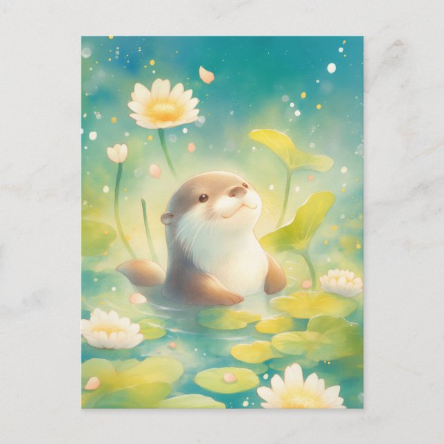 Carte Postale Loutre heureuse dans l'étang de lys en été (Devant)