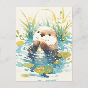 Carte Postale Loutre heureuse dans un bassin de nénuphars à l'aq