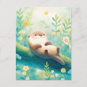 Carte Postale Loutre joyeuse sur un tronc moussu de rivière