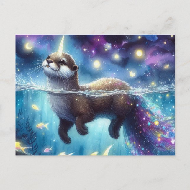 Carte Postale Loutre Licorne Aquarelle Adorable (Devant)