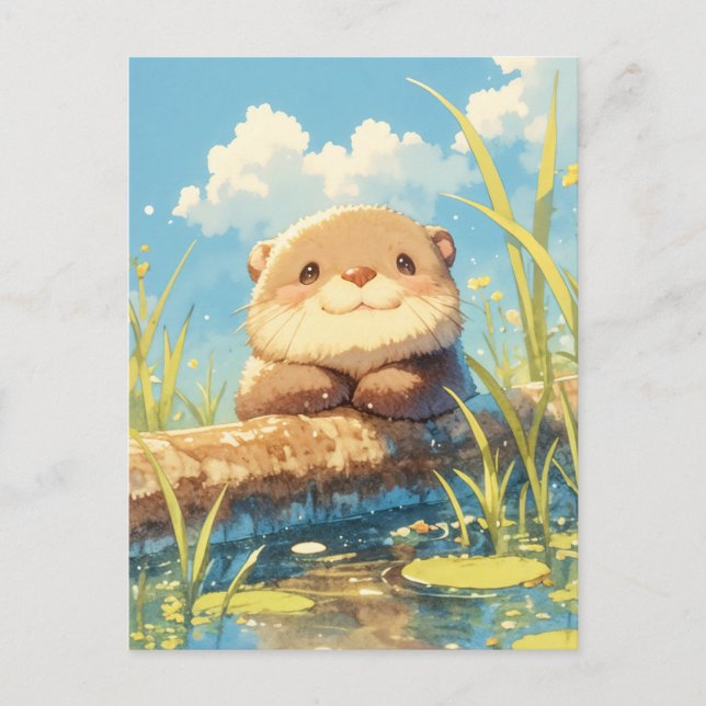 Carte Postale Loutre souriante sur une bûche ensoleillée de rivi (Devant)