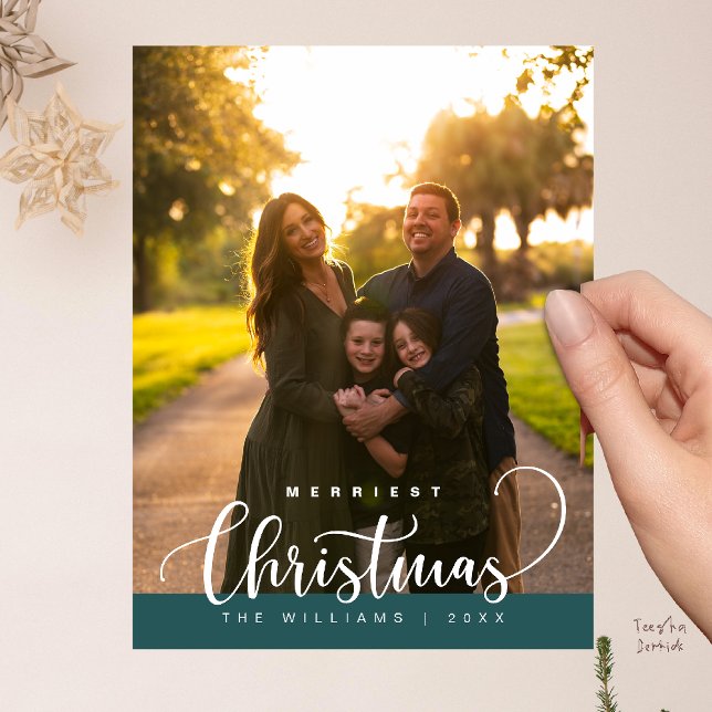Carte Postale Love and Joy, Merry Christmas Family Photo (Love and Joy, Merry Christmas Family Photo Modern Cute Typography Postcard in Emerald Green)