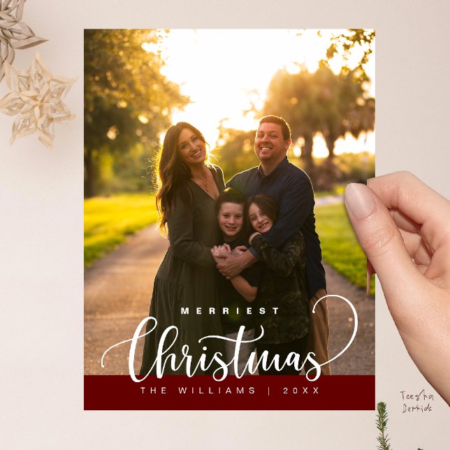 Carte Postale Love and Joy, Merry Christmas Family Photo (Love and Joy, Merry Christmas Family Photo Modern Cute Typography Postcard in Burgundy Wine Deep Red)