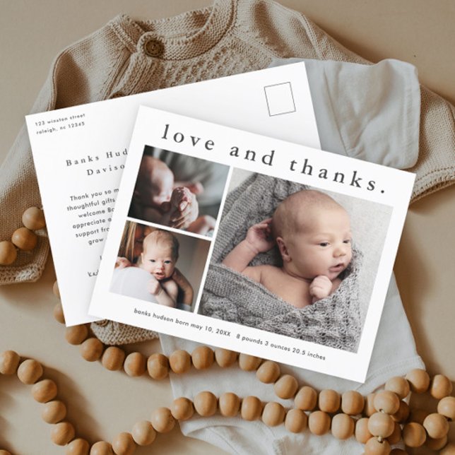 Carte Postale Love and Thanks Baby Photo Faire-part de naissance (Simple typography 3 photo collage birth announcement baby thank you postcard.)