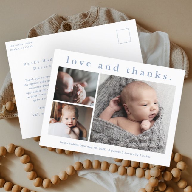 Carte Postale Love and Thanks Baby Photo Faire-part de naissance (Simple typography 3 photo collage birth announcement baby thank you postcard.)