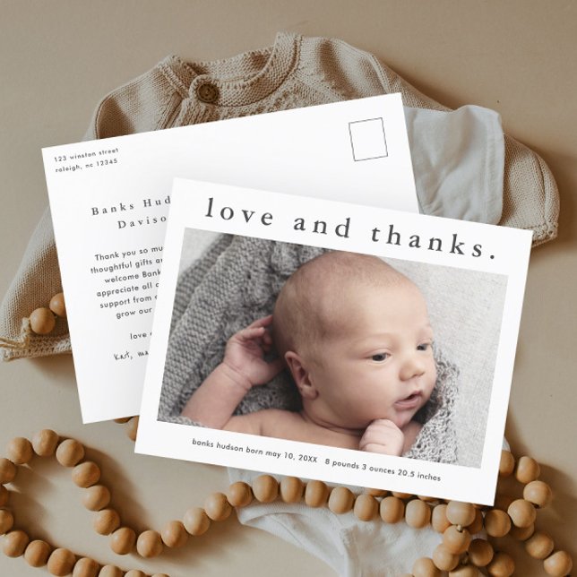 Carte Postale Love and Thanks Baby Photo Faire-part de naissance (Simple Photo Baby Thank You Postcard and Birth Announcement.)