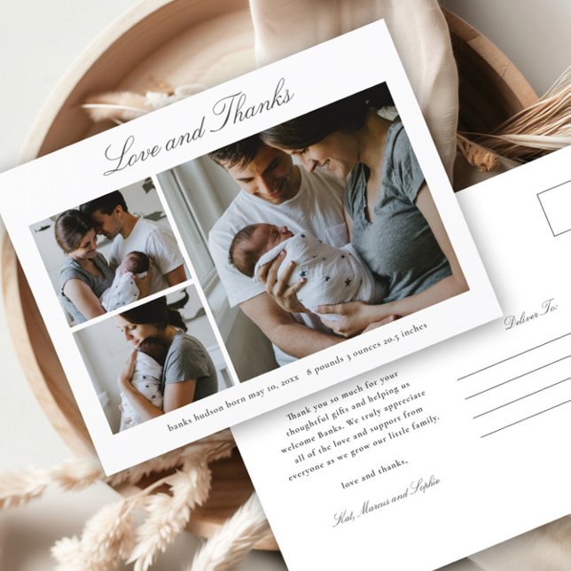 Carte Postale Love and Thanks Baby Photo Faire-part de naissance (Elegant script love and thanks baby announcement thank you postcard.)