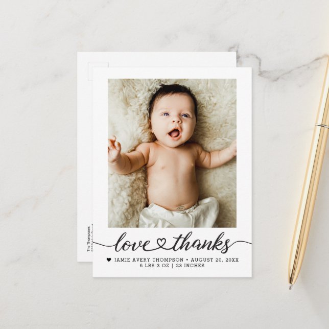 Carte Postale Love and Thanks heart script Photo Birth stars (Devant/Arrière en situation)
