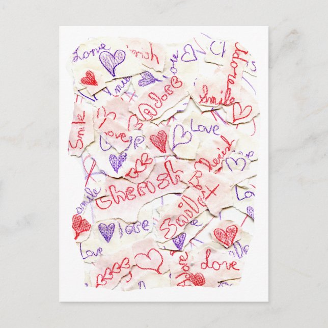 Carte Postale Love Cherish Adore Collage rouge et violet (Devant)