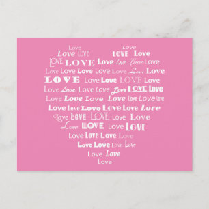 Carte Postale Love Heart Word Cloud - Blanc sur Pastel Pink