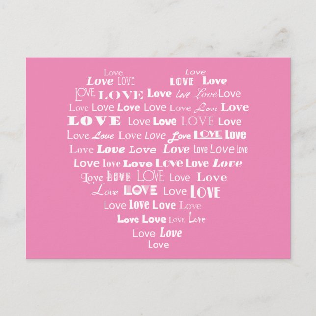 Carte Postale Love Heart Word Cloud - Blanc sur Pastel Pink (Devant)