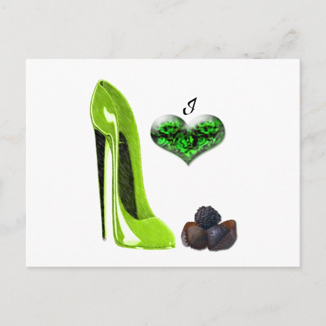 Carte Postale Love Lime Green Stiletto Chaussure et Chocolats Ar (Devant)