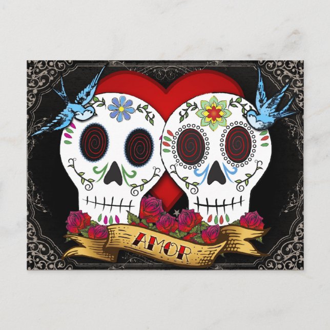 Carte Postale Love Skulls Day of the Dead Postcard (Devant)