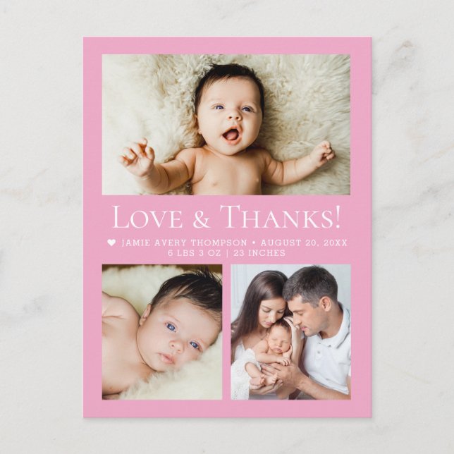 Carte Postale Love & Thanks Pink Baby Photo Collage birth (Devant)