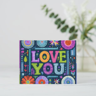 Carte Postale Love You, design vintage coloré,
