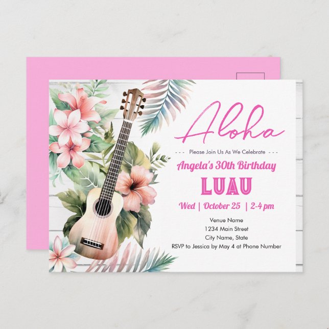 Carte Postale Luau Aloha ukulélé Anniversaire Adulte (Devant / Derrière)
