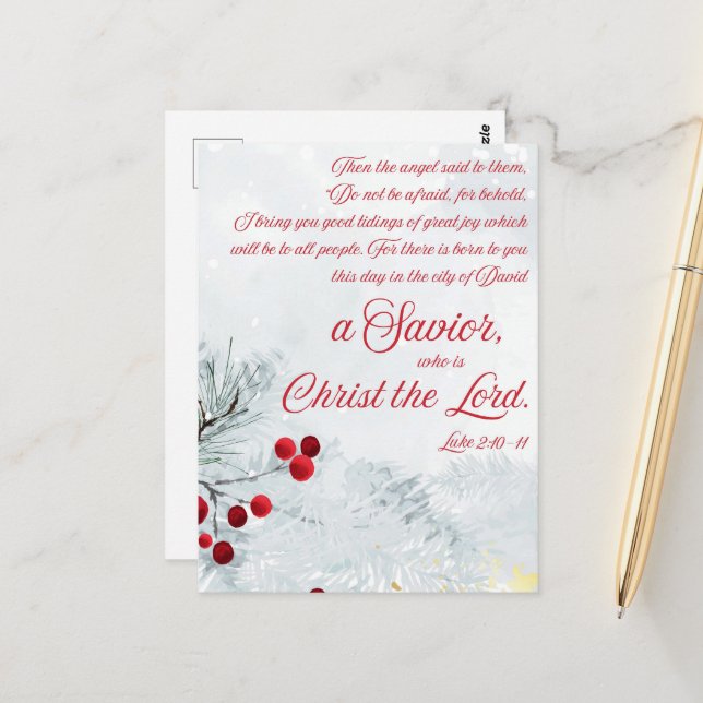 Carte Postale Luc 2:10-11 Aquarelle Noël Ecriture d'hiver (Devant/Arrière en situation)