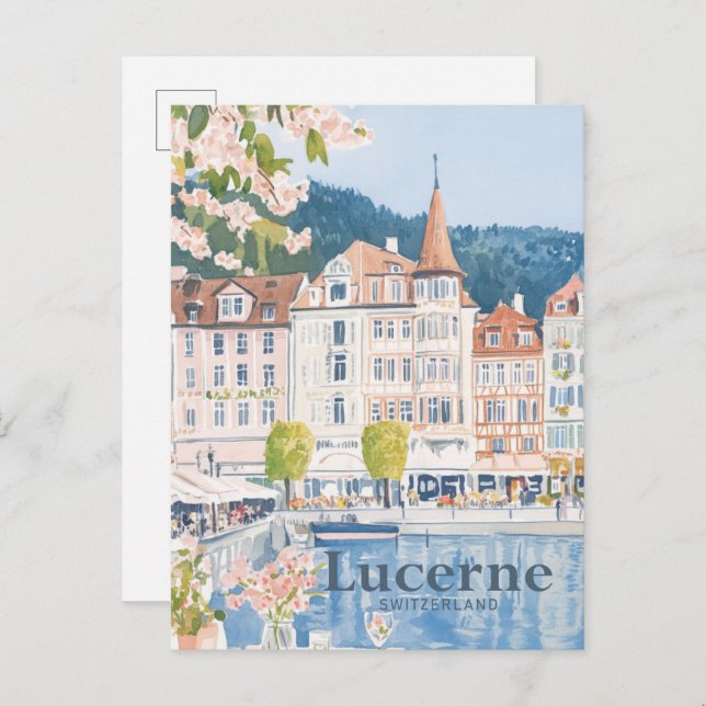 Carte Postale Lucerne Suisse Aquarelle Peinture Voyage (Devant / Derrière)