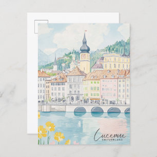 Carte Postale Lucerne Suisse Gouache Illustration Voyage