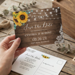 Carte Postale Lumières à chaîne de tournesol en bois rustique En