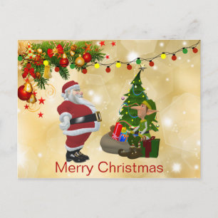 Carte Postale Lumières Colorées, Père Noël, Elfe, Noël