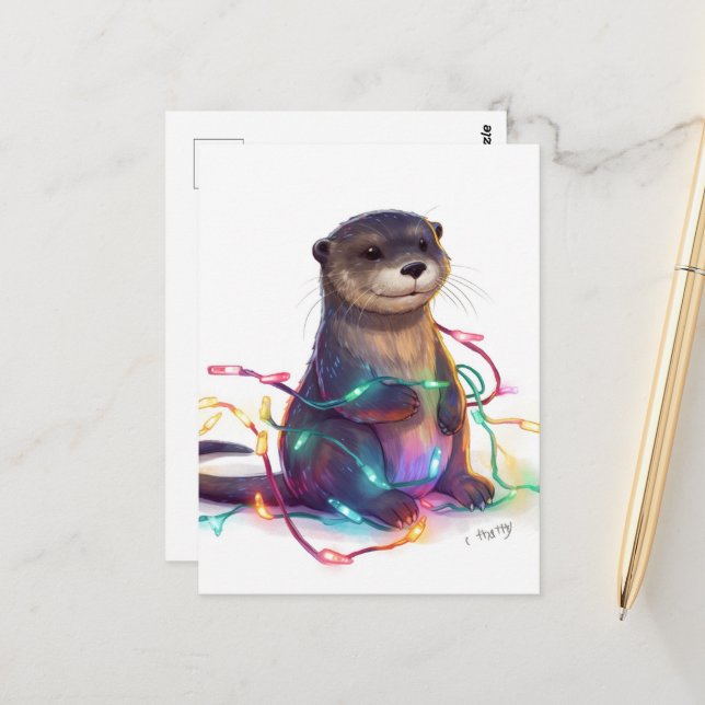 Carte Postale Lumières de Noël de la loutre adorable AI (Devant/Arrière en situation)
