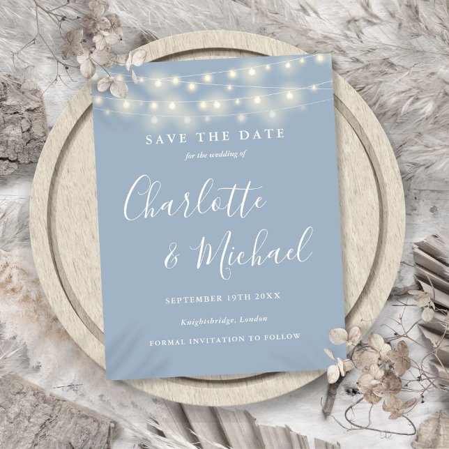 Carte Postale Lumières Guirlandes Bleu Poussiéreux Mariage Enreg (String Lights Dusty Blue Wedding Save the Date Postcard)